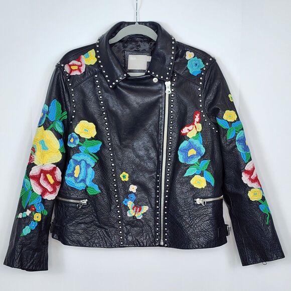 ASOS HTF Floral Embroidery Leather Biker Jacket Size 14 - Picture 4 of 10